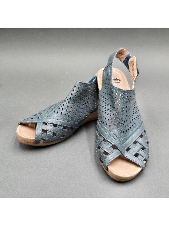 Earth Shoes - Earth Pisa Galli Blue Leather Wedge Sandals Size 7 Perforated Slingback